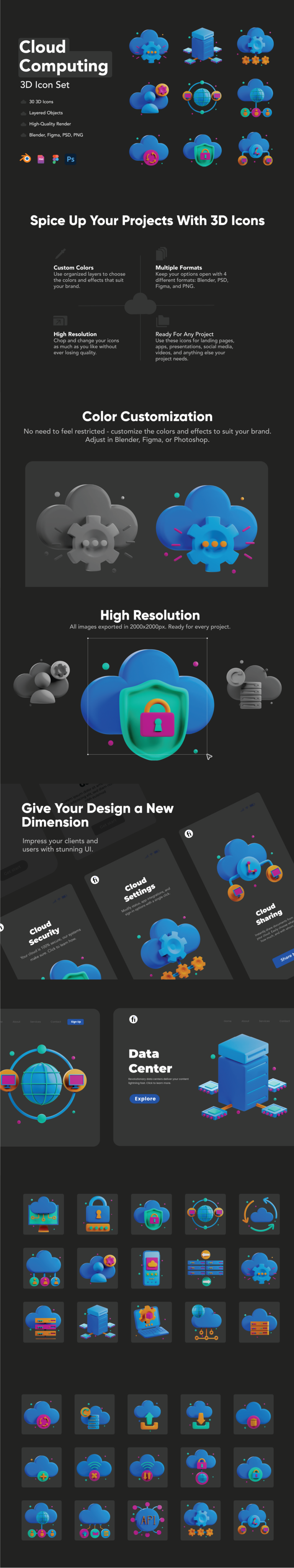 3D Cloud Computing Icon Set - Flat Icons