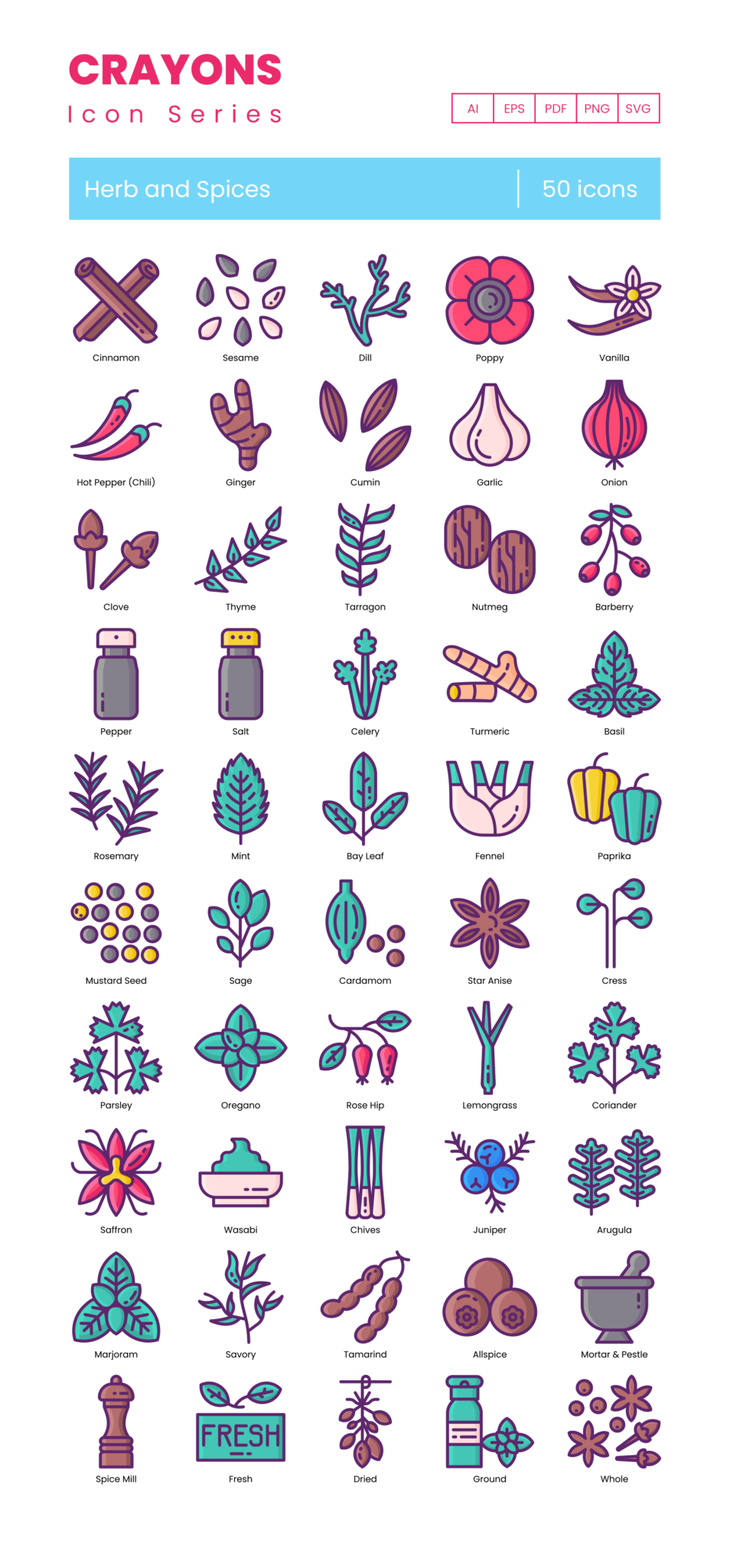 50 Herbs and Spices Icon Set - Flat Icons