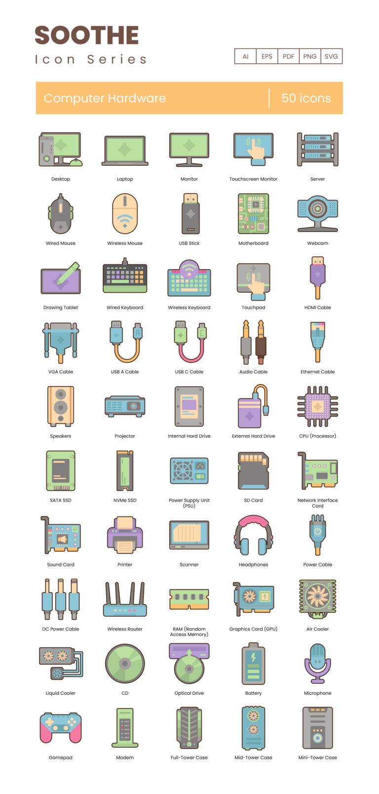 50 Computer Hardware Icon Set - Flat Icons