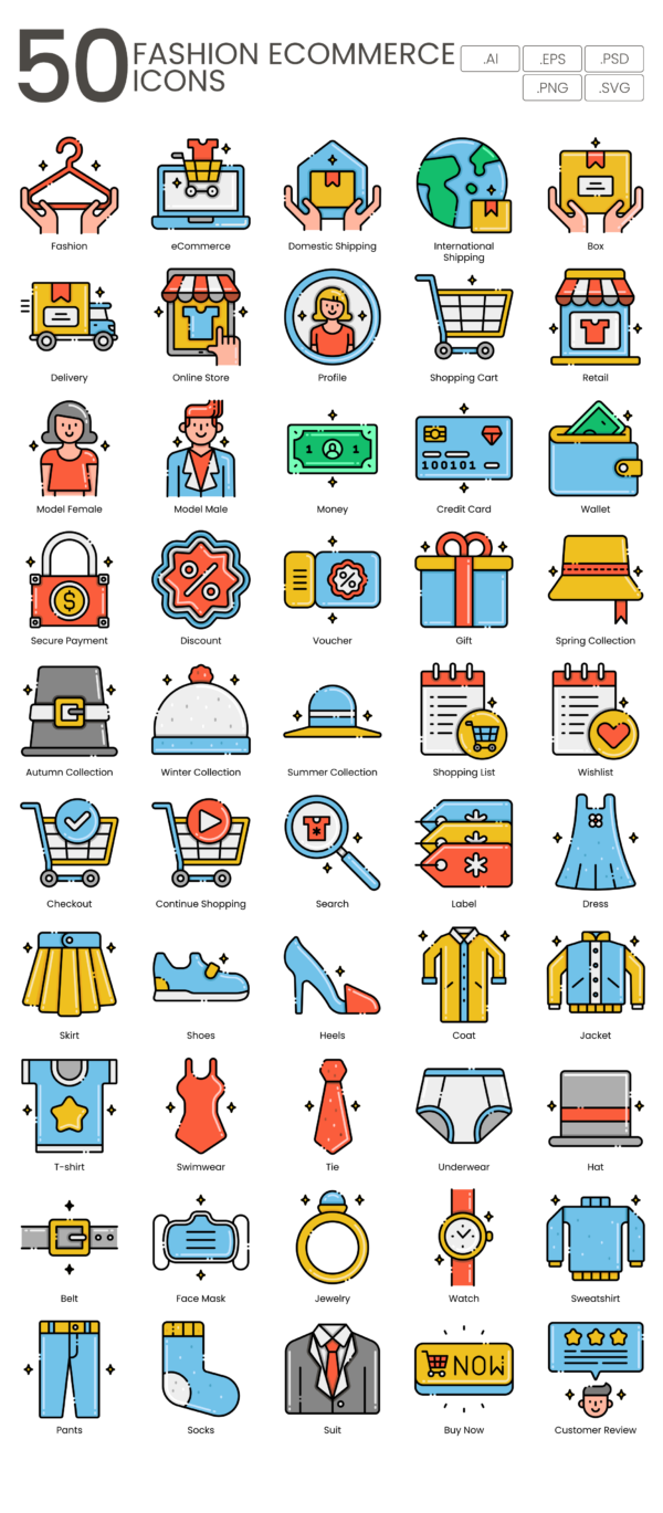 50 Fashion eCommerce Icon Set - Flat Icons