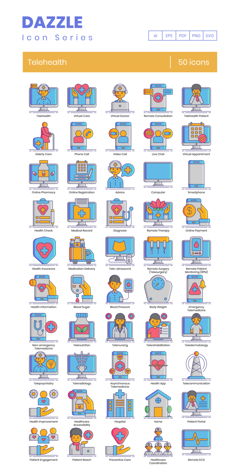 50 Telehealth Icon Set - Flat Icons