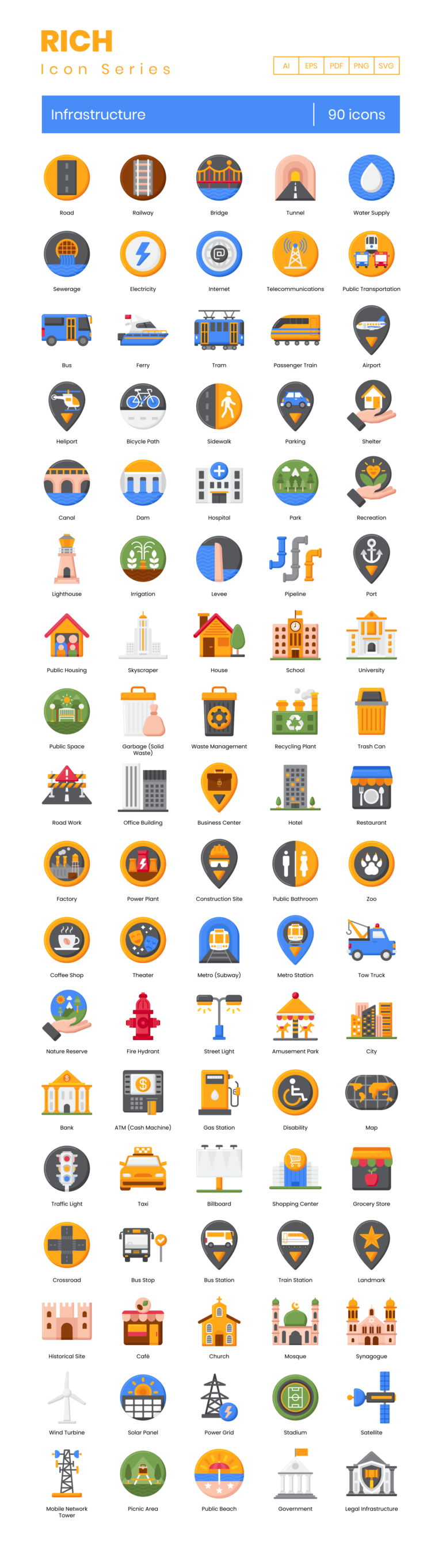 90 Infrastructure Icon Set - Flat Icons