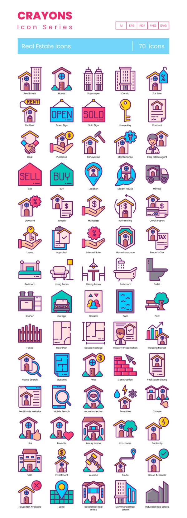 70 Real Estate Icon Set - Flat Icons