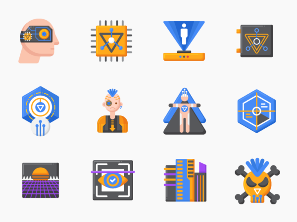 60 Cyberpunk Icon Set - Flat Icons