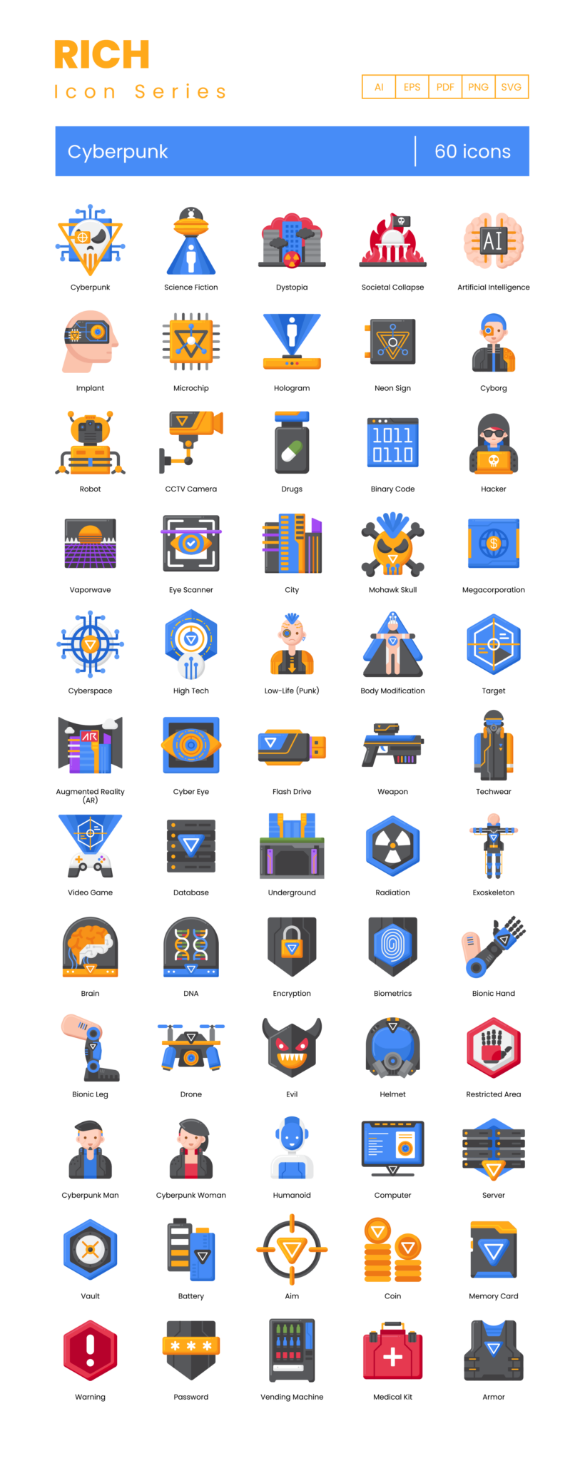 60 Cyberpunk Icon Set - Flat Icons