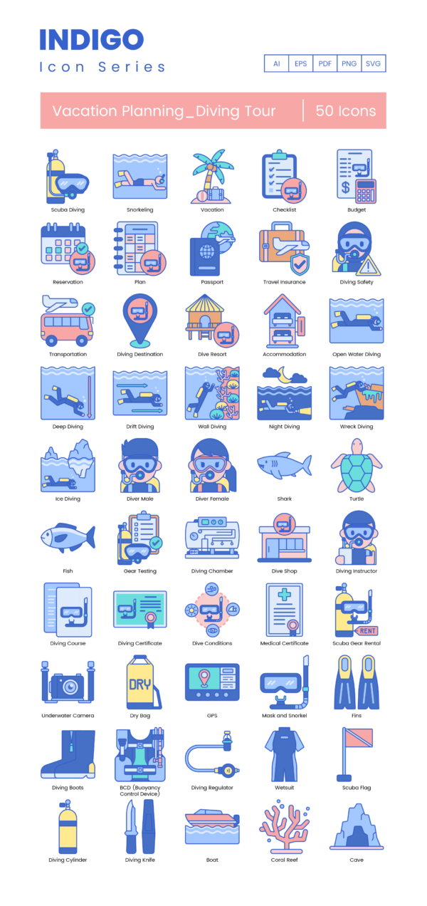 50 Vacation Planning - Diving Tour Icon Set - Flat Icons