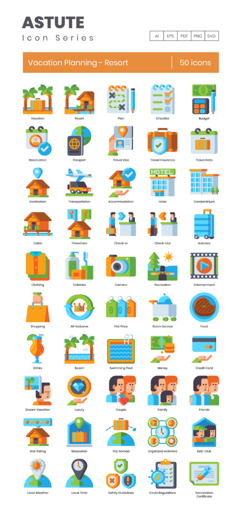 50 Vacation Planning - Resort Icon Set - Flat Icons