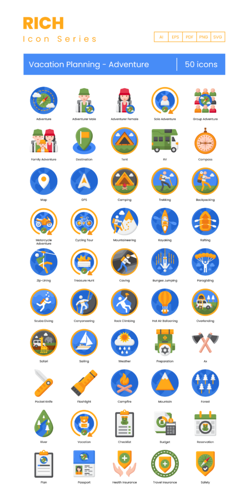50 Vacation Planning - Adventure Icon Set - Flat Icons