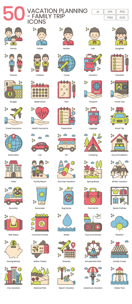 50 Vacation Planning - Family Trip Icon Set - Flat Icons
