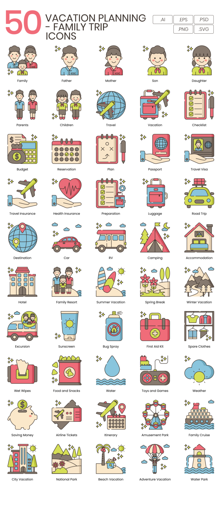 50 Vacation Planning - Family Trip Icon Set - Flat Icons