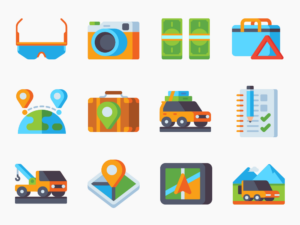 50 Vacation Planning - Road Trip Icon Set - Flat Icons