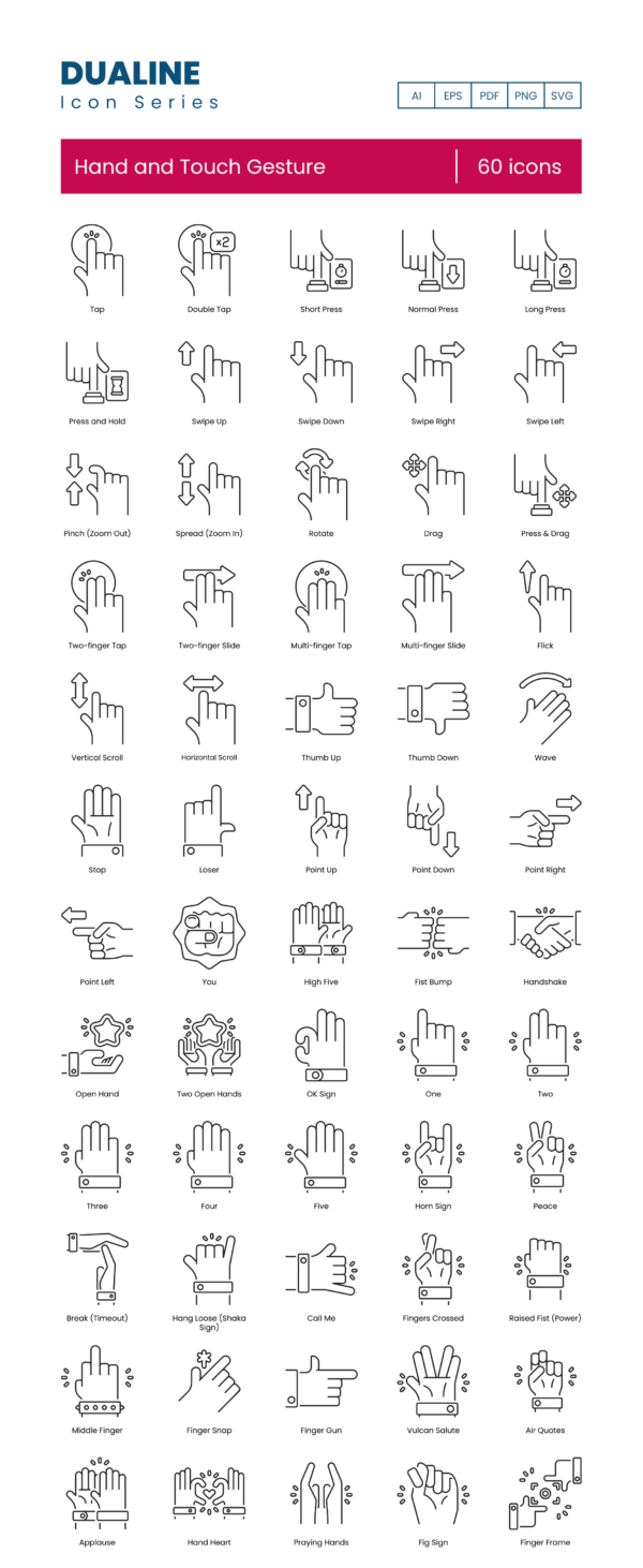 60 Touchscreen Gestures Icon Set - Flat Icons