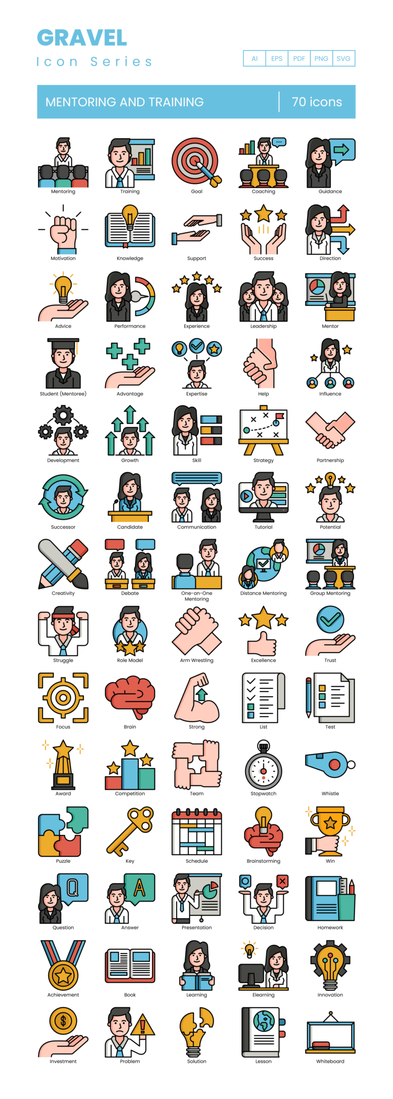 70 Mentoring and Training Icon Set - Flat Icons