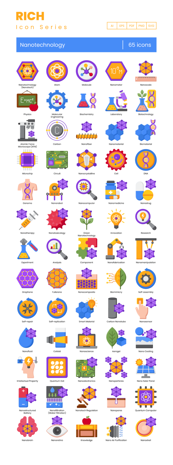 65 Nanoscience Icon Set - Flat Icons