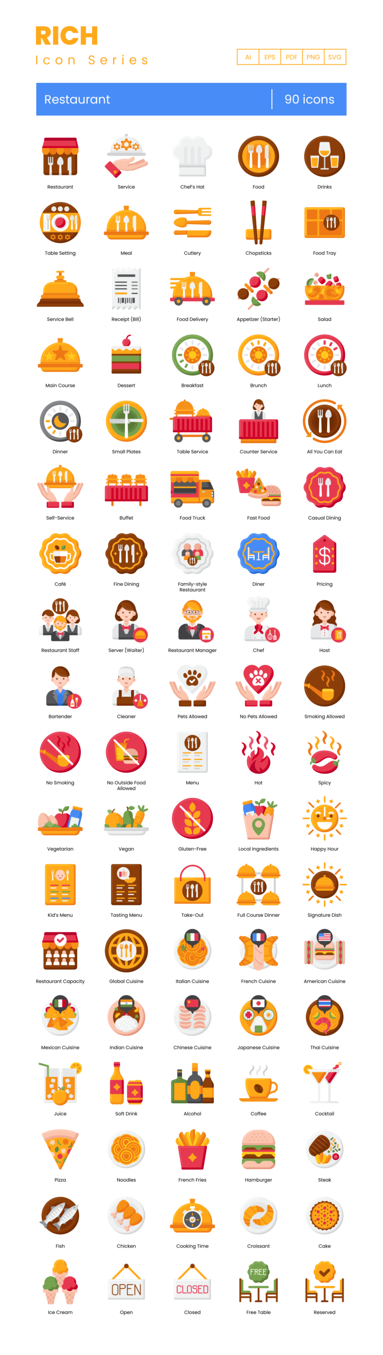 90 Dining and Café Icon Set - Flat Icons