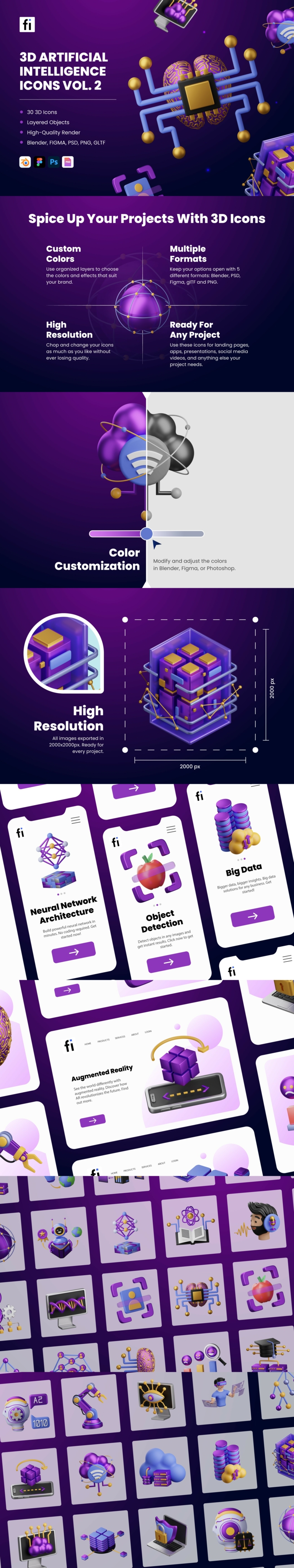 3D Artificial Intelligence Icon Set Vol 2 - Flat Icons