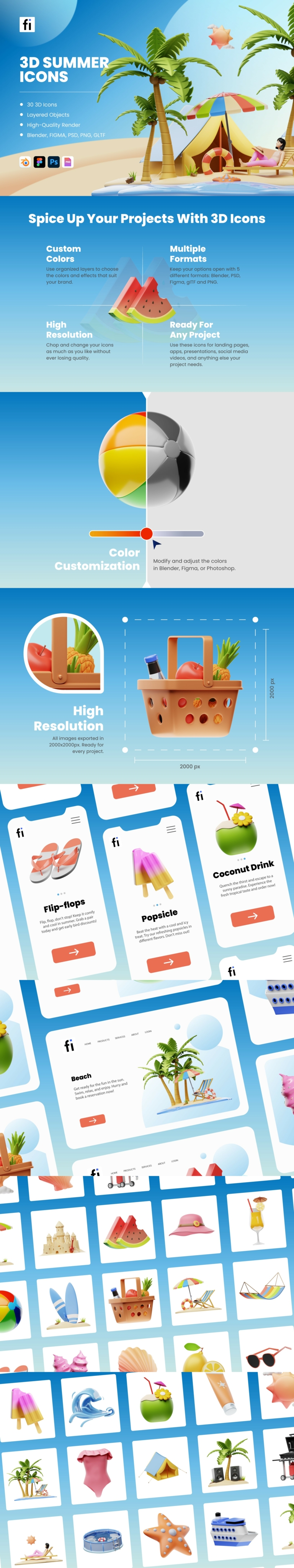 3D Summer Icon Set - Flat Icons
