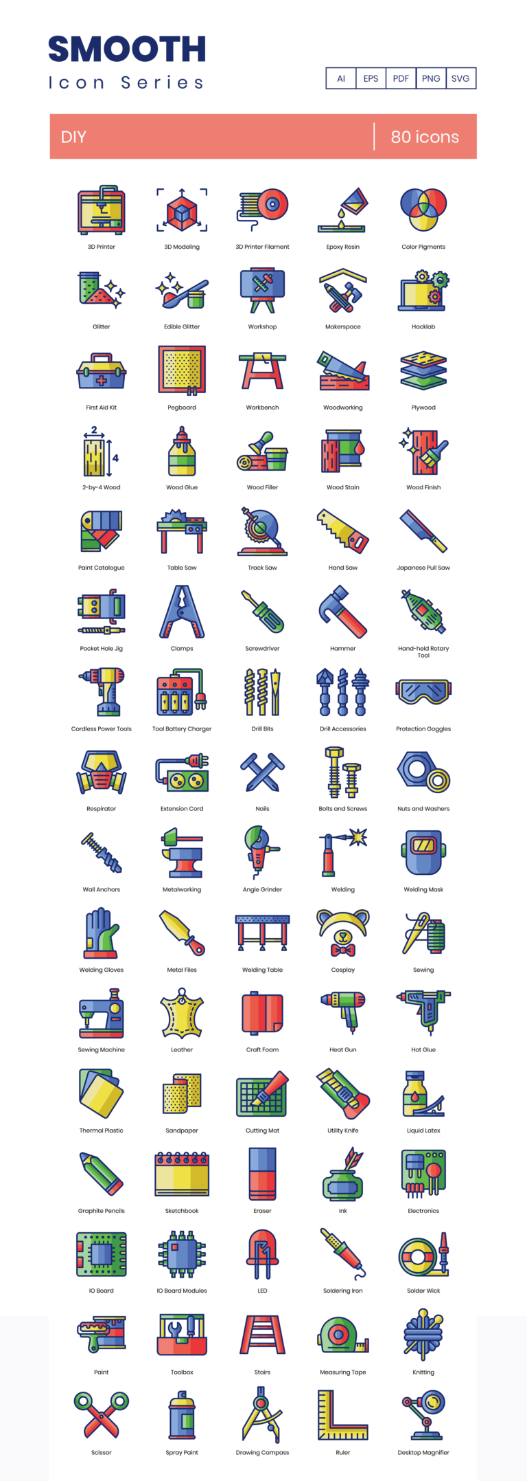 80 DIY Project Icon Set - Flat Icons