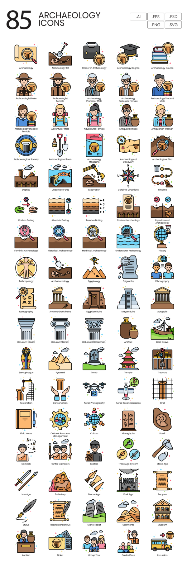 85 Archaeology Icon Set - Flat Icons