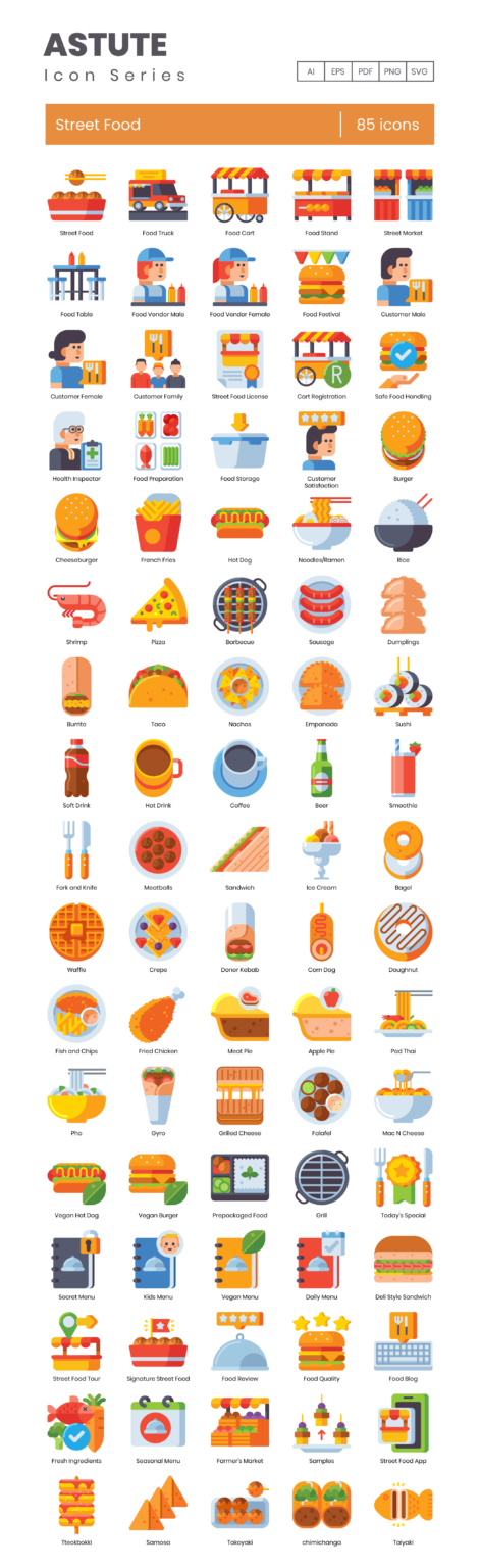 85 Street Food Icon Set - Flat Icons