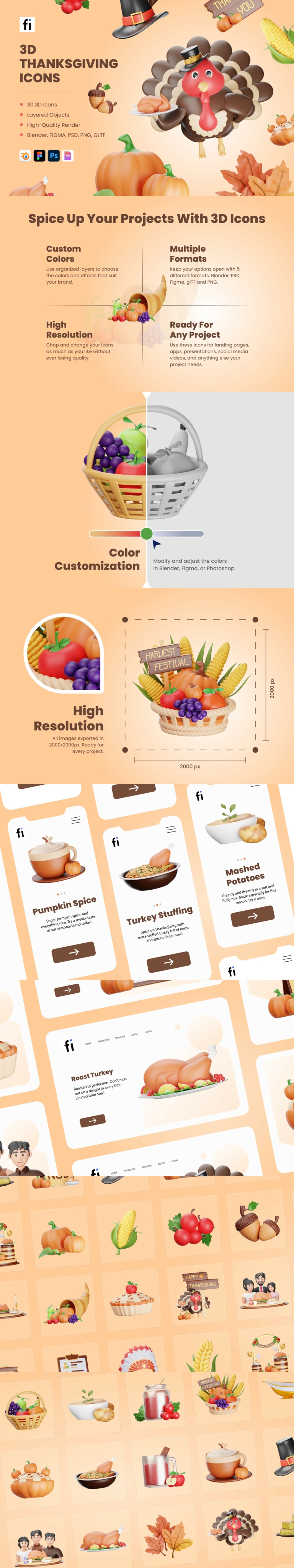3D Thanksgiving Icon Set - Flat Icons