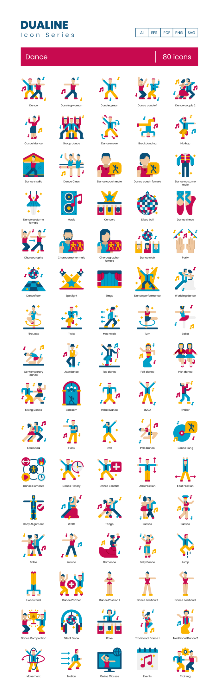 80 Dancing Icon Set - Flat Icons