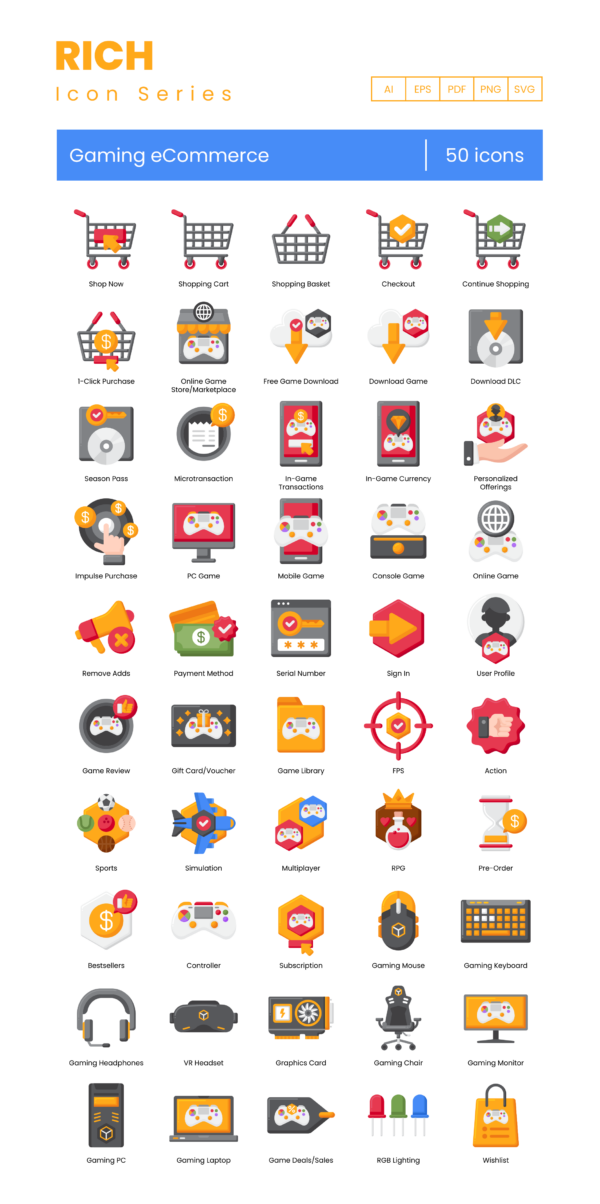 50 Gaming eCommerce Icon Set - Flat Icons
