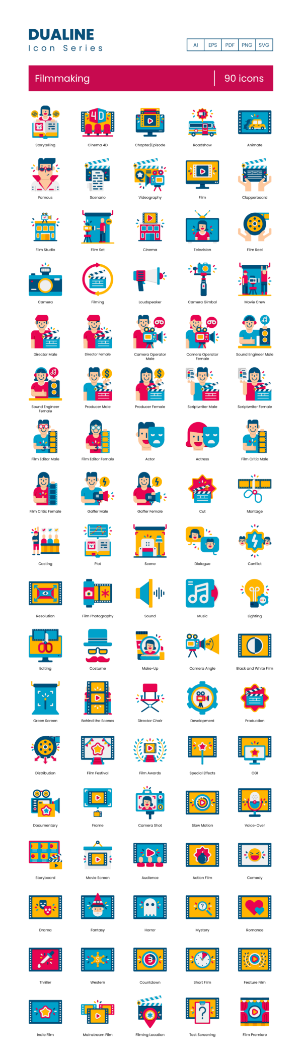90 Film Production Icon Set - Flat Icons