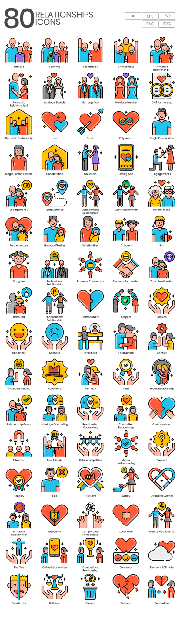80 Interpersonal Connections Icon Set - Flat Icons