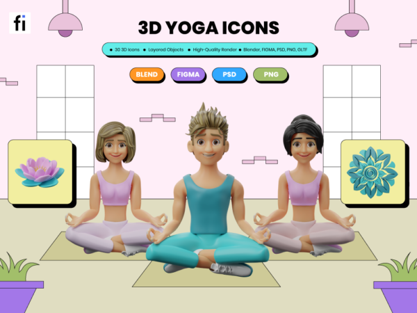 3D Yoga Icon Set - Flat Icons