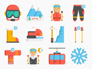 50 Vacation Planning - Skiing and Snowboarding Icon Set - Flat Icons