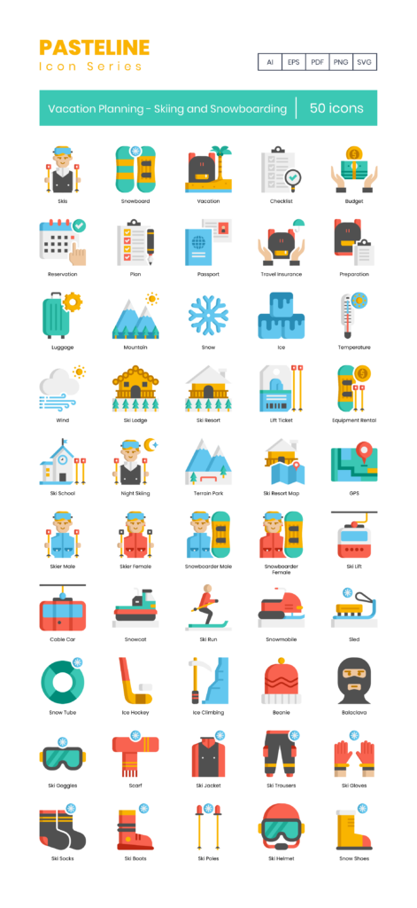 50 Vacation Planning - Skiing and Snowboarding Icon Set - Flat Icons