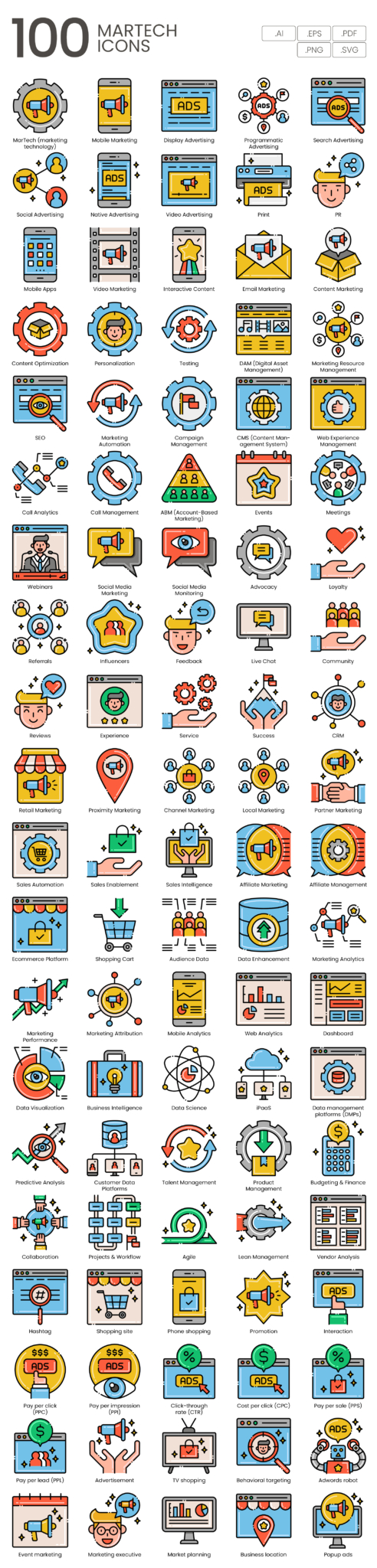 100 MarTech Icon Set - Flat Icons