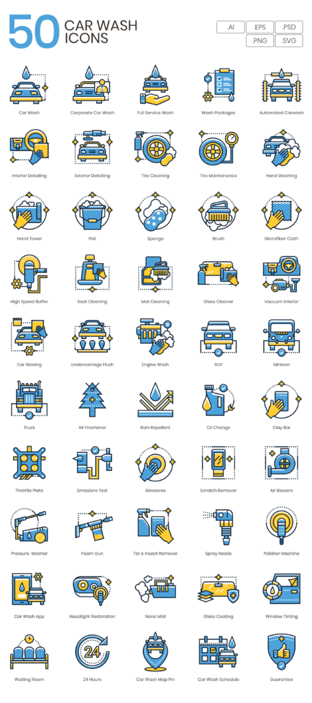 50 Car Cleaning Icon Set - Flat Icons
