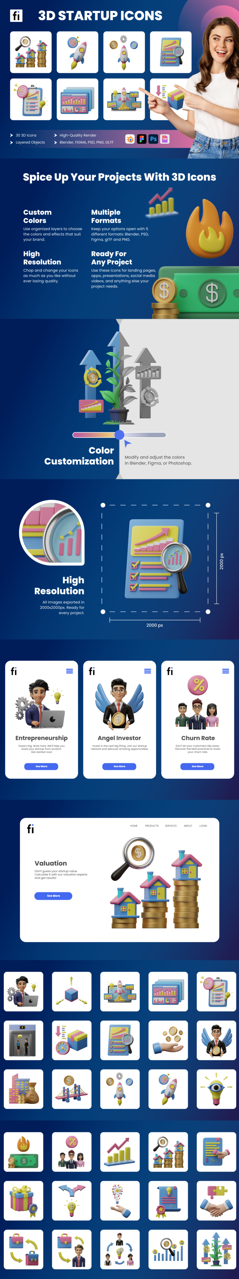 3D Startup Icon Set - Flat Icons