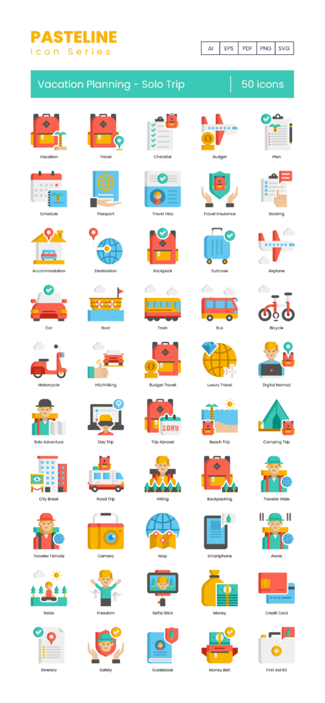 50 Solo Adventure Icon Set - Flat Icons