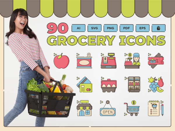 90 Supermarket Icon Set - Flat Icons