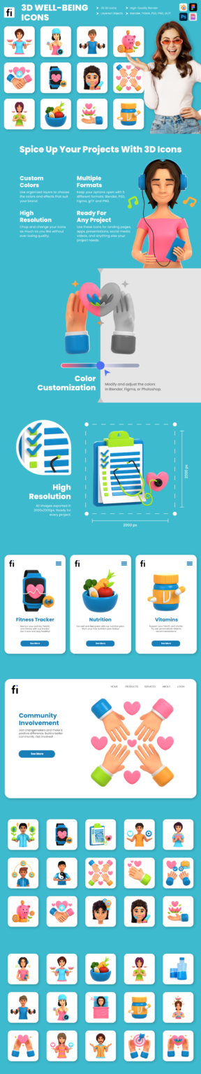 3D Well-being Icon Set - Flat Icons