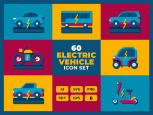 60 EV (Electric Vehicle) Icon Set - Flat Icons