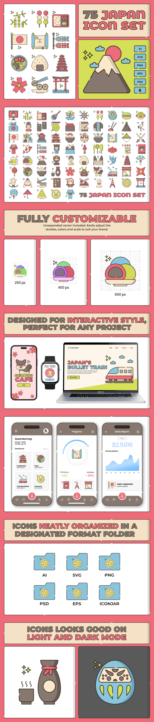 75 Japan and Japanese Culture Icon Set - Flat Icons