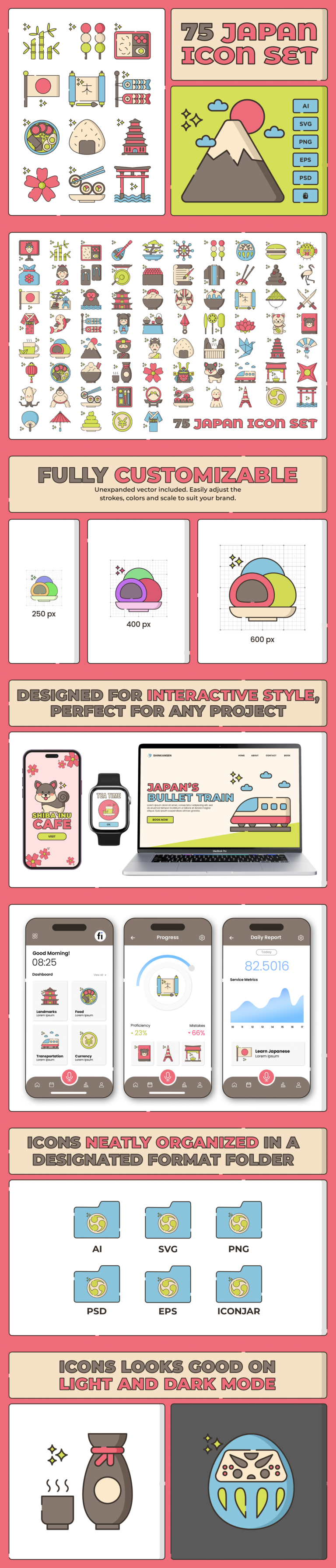 75 Japan and Japanese Culture Icon Set - Flat Icons