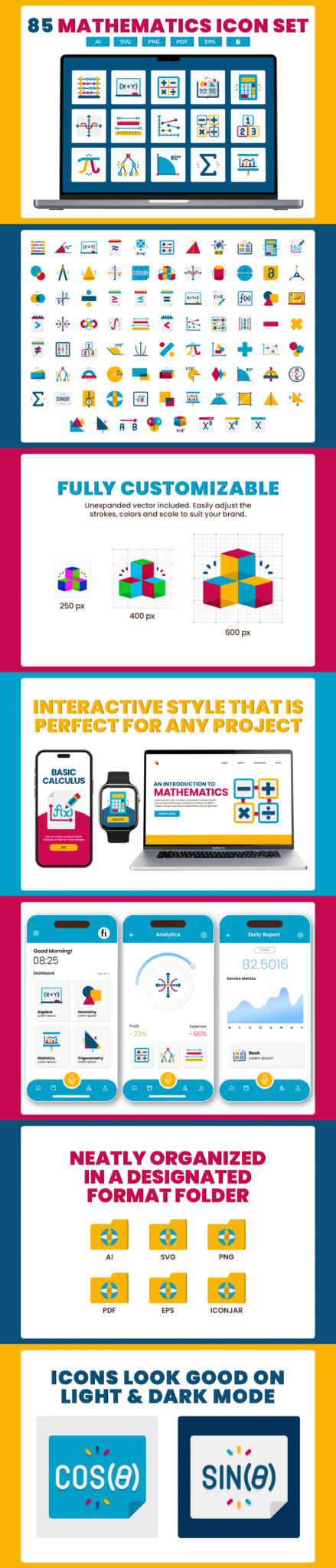 85 Mathematics Icon Set - Flat Icons