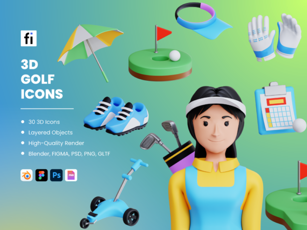 3D Golf Icon Set - Flat Icons
