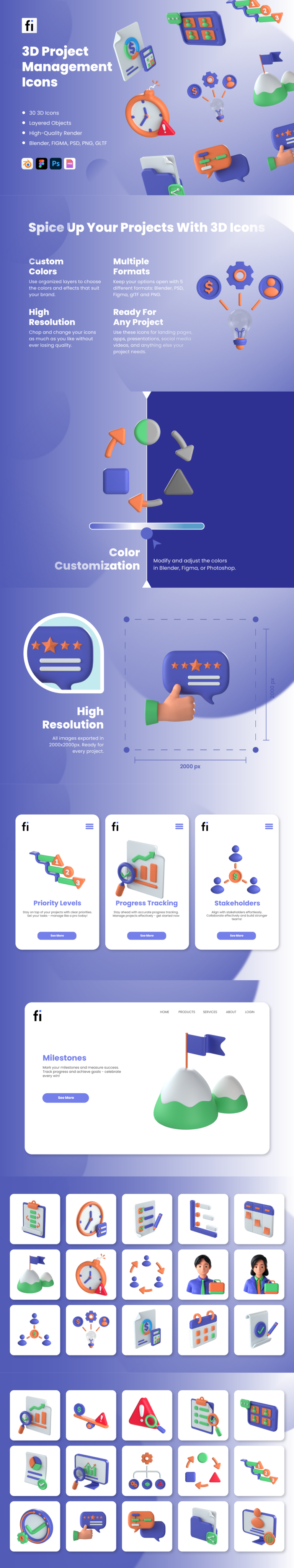 3D Project Management Icon Set - Flat Icons