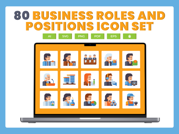 80 Business Titles and Roles Icon Set - Flat Icons
