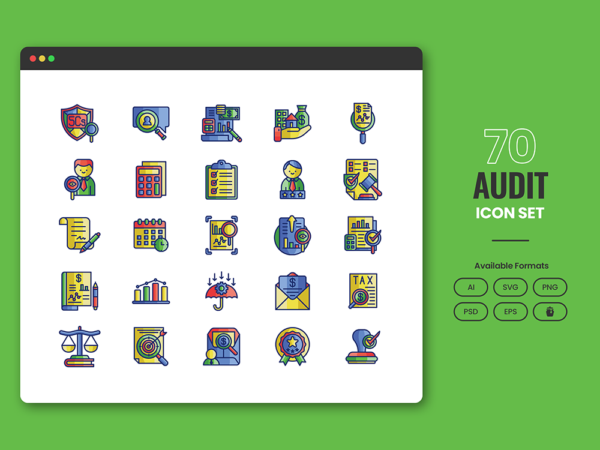 70 Audit Evaluation Icon Set - Flat Icons