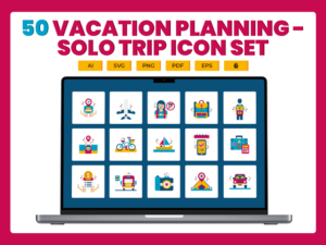 50 Solo Trip Vacation Icon Set - Flat Icons