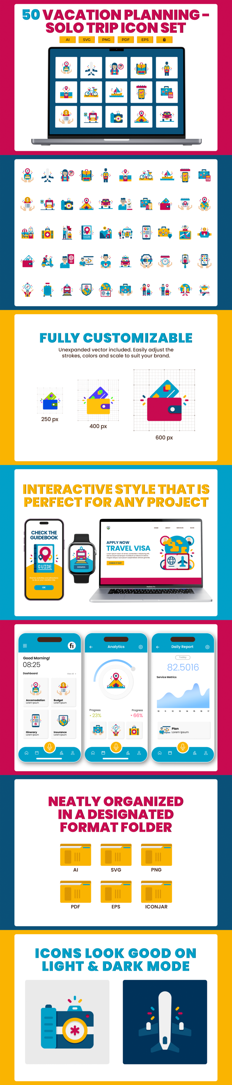 50 Solo Trip Vacation Icon Set - Flat Icons