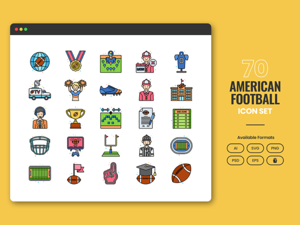 70 Gridiron Football Icon Set - Flat Icons