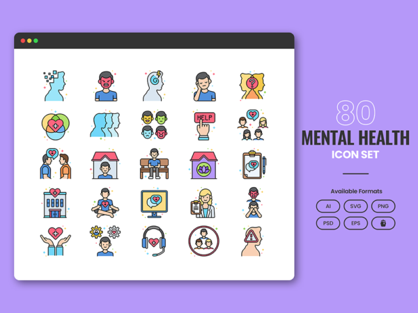 80 Emotional Health Icon Set - Flat Icons